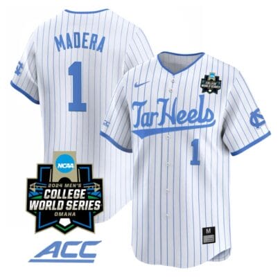 Alex Madera Jersey #1 North Carolina Tar Heels 2024 College World Series Vapor Premier Limited NCAA Baseball Stitched White Pinstripe