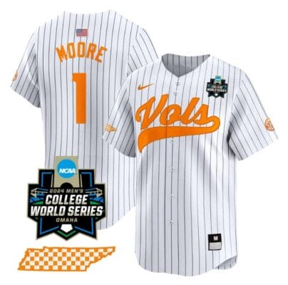 Christian Moore Jersey #1 Tennessee Volunteers 2024 College World Series Vapor Premier Limited NCAA Baseball Stitched Pinstripe 8 Christian Moore Jersey #1 Tennessee Volunteers 2024 College World Series Vapor Premier Limited NCAA Baseball Stitched Pinstripe