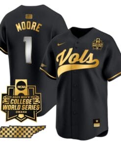 Christian Moore Jersey #1 Tennessee Volunteers 2024 College World Series Vapor Premier Limited NCAA Baseball Stitched Black Gold