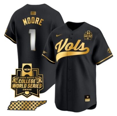 Christian Moore Jersey #1 Tennessee Volunteers 2024 College World Series Vapor Premier Limited NCAA Baseball Stitched Black Gold 8 Christian Moore Jersey #1 Tennessee Volunteers 2024 College World Series Vapor Premier Limited NCAA Baseball Stitched Black Gold