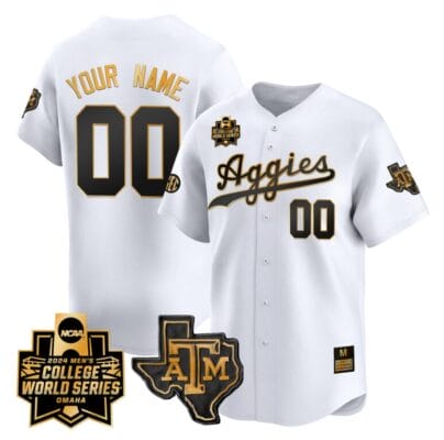 Custom Texas AM Aggies Jersey 2024 College World Series Vapor Premier Limited NCAA Baseball Stitched White Gold