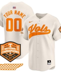Custom Tennessee Volunteers Baseball Jersey Name and Number 2024 Champions Vapor Premier Limited Cream