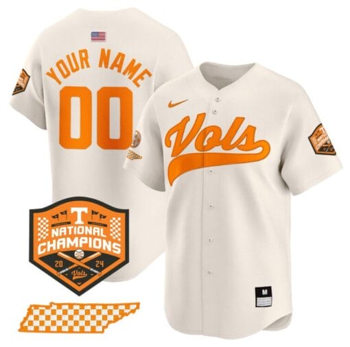 Custom Tennessee Volunteers Baseball Jersey Name and Number 2024 Champions Vapor Premier Limited Cream