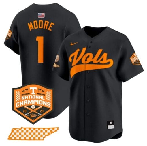 Christian Moore Jersey #1 Tennessee Volunteers Baseball 2024 Champions Vapor Premier Limited Black