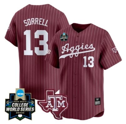 Caden Sorrell Jersey #13 Texas AM Aggies 2024 College World Series Vapor Premier Limited NCAA Baseball Stitched Maroon Pinstripe