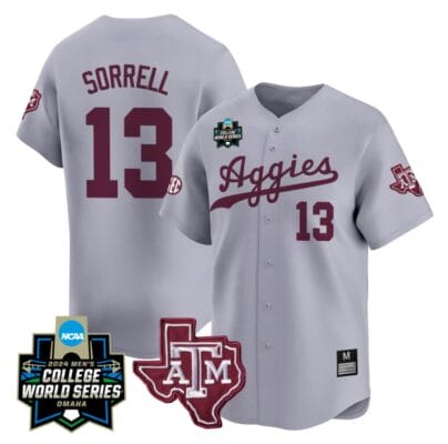 Caden Sorrell Jersey #13 Texas AM Aggies 2024 College World Series Vapor Premier Limited NCAA Baseball Stitched Gray