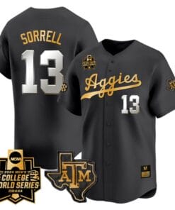 Caden Sorrell Jersey #13 Texas AM Aggies 2024 College World Series Vapor Premier Limited NCAA Baseball Stitched Black Gold