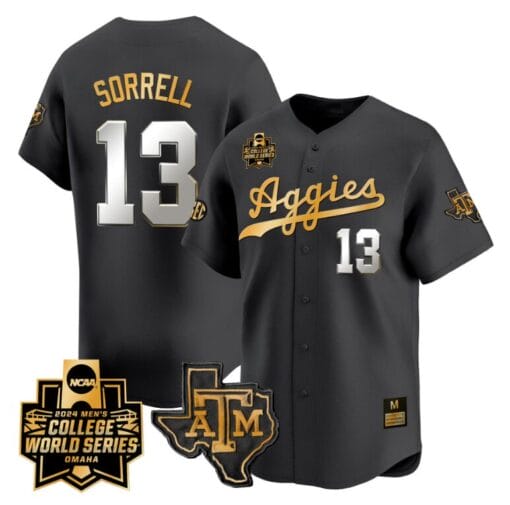 Caden Sorrell Jersey #13 Texas AM Aggies 2024 College World Series Vapor Premier Limited NCAA Baseball Stitched Black Gold