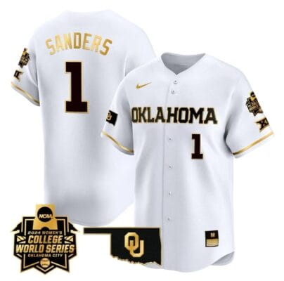 Cydney Sanders Jersey #1 Oklahoma Sooners 2024 College World Series Patch Vapor Premier Limited NCAA Baseball Stitched White Gold
