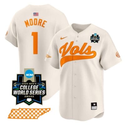 Christian Moore Jersey #1 Tennessee Volunteers 2024 College World Series Vapor Premier Limited NCAA Baseball Stitched Cream