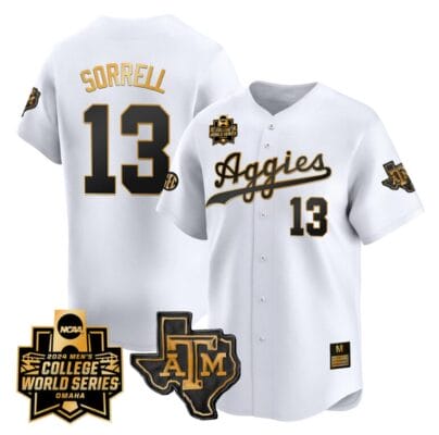 Caden Sorrell Jersey #13 Texas AM Aggies 2024 College World Series Vapor Premier Limited NCAA Baseball Stitched White Gold