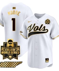 Christian Moore Jersey #1 Tennessee Volunteers 2024 College World Series Vapor Premier Limited NCAA Baseball Stitched White Gold
