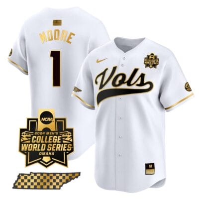 Christian Moore Jersey #1 Tennessee Volunteers 2024 College World Series Vapor Premier Limited NCAA Baseball Stitched White Gold 8 Christian Moore Jersey #1 Tennessee Volunteers 2024 College World Series Vapor Premier Limited NCAA Baseball Stitched White Gold