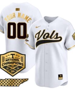 Custom Tennessee Volunteers Baseball Jersey Name and Number 2024 Champions Vapor Premier Limited White Gold