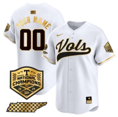Custom Tennessee Volunteers Baseball Jersey Name and Number 2024 Champions Vapor Premier Limited White Gold 8 Custom Tennessee Volunteers Baseball Jersey Name and Number 2024 Champions Vapor Premier Limited White Gold