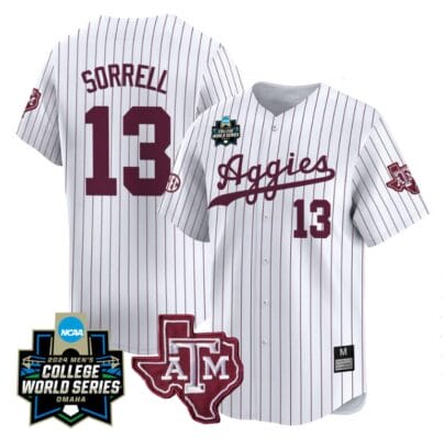 Caden Sorrell Jersey #13 Texas AM Aggies 2024 College World Series Vapor Premier Limited NCAA Baseball Stitched White Pinstripe