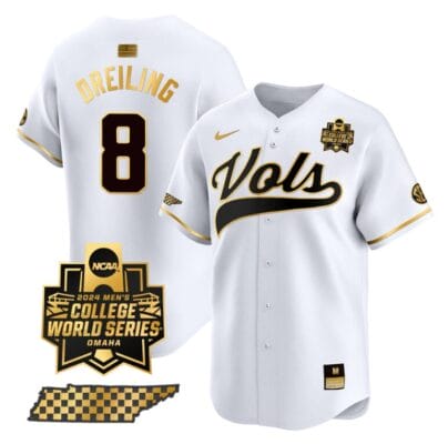 Dylan Dreiling Jersey #8 Tennessee Volunteers 2024 College World Series Vapor Premier Limited NCAA Baseball Stitched White Gold