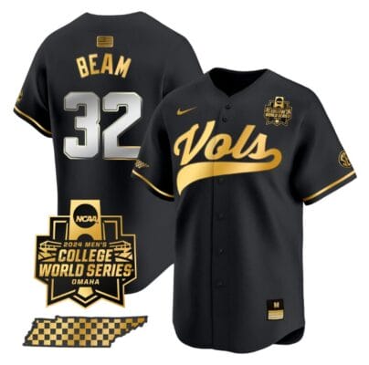 Drew Beam Jersey #32 Tennessee Volunteers 2024 College World Series Vapor Premier Limited NCAA Baseball Stitched Black Gold