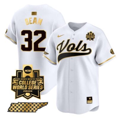 Drew Beam Jersey #32 Tennessee Volunteers 2024 College World Series Vapor Premier Limited NCAA Baseball Stitched White Gold