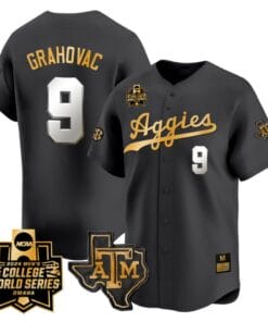Gavin Grahovac Jersey #9 Texas AM Aggies 2024 College World Series Vapor Premier Limited NCAA Baseball Stitched Black Gold