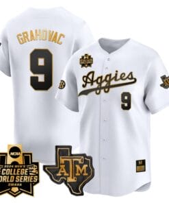 Gavin Grahovac Jersey #9 Texas AM Aggies 2024 College World Series Vapor Premier Limited NCAA Baseball Stitched White Gold