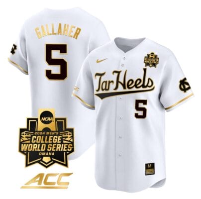 Gavin Gallaher Jersey #5 North Carolina Tar Heels 2024 College World Series Vapor Premier Limited NCAA Baseball Stitched White Gold