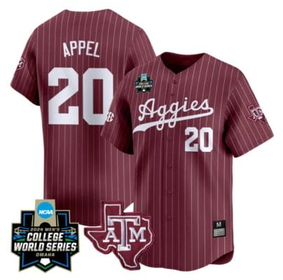 Jackson Appel Jersey #20 Texas AM Aggies 2024 College World Series Vapor Premier Limited NCAA Baseball Stitched Maroon Pinstripe 8 Jackson Appel Jersey #20 Texas AM Aggies 2024 College World Series Vapor Premier Limited NCAA Baseball Stitched Maroon Pinstripe