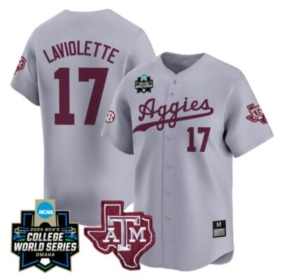 Jace Laviolette Jersey #17 Texas AM Aggies 2024 College World Series Vapor Premier Limited NCAA Baseball Stitched Gray