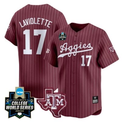 Jace Laviolette Jersey #17 Texas AM Aggies 2024 College World Series Vapor Premier Limited NCAA Baseball Stitched Maroon Pinstripe