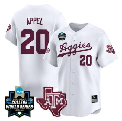 Jackson Appel Jersey #20 Texas AM Aggies 2024 College World Series Vapor Premier Limited NCAA Baseball Stitched White 8 Jackson Appel Jersey #20 Texas AM Aggies 2024 College World Series Vapor Premier Limited NCAA Baseball Stitched White