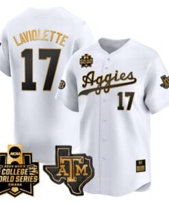 Jace Laviolette Jersey #17 Texas AM Aggies 2024 College World Series Vapor Premier Limited NCAA Baseball Stitched White Gold