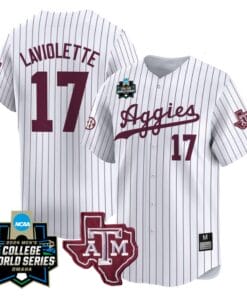 Jace Laviolette Jersey #17 Texas AM Aggies 2024 College World Series Vapor Premier Limited NCAA Baseball Stitched White Pinstripe
