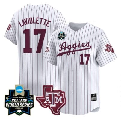 Jace Laviolette Jersey #17 Texas AM Aggies 2024 College World Series Vapor Premier Limited NCAA Baseball Stitched White Pinstripe