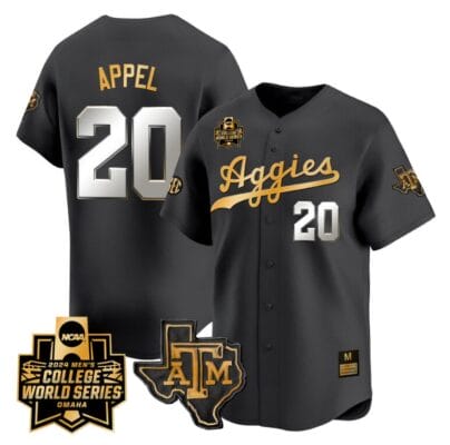 Jackson Appel Jersey #20 Texas AM Aggies 2024 College World Series Vapor Premier Limited NCAA Baseball Stitched Black Gold