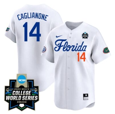 Jac Caglianone Jersey #14 Florida Gators 2024 College World Series Vapor Premier Limited NCAA Baseball Stitched Florida White 8 Jac Caglianone Jersey #14 Florida Gators 2024 College World Series Vapor Premier Limited NCAA Baseball Stitched Florida White