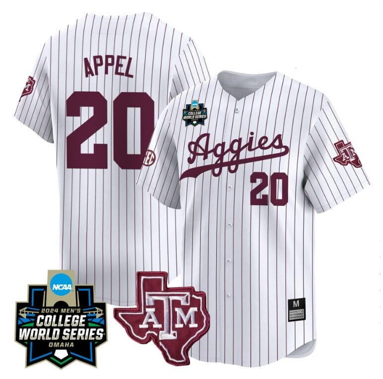 Jackson Appel Jersey #20 Texas AM Aggies 2024 College World Series Vapor Premier Limited NCAA Baseball Stitched White Pinstripe 1 Jackson Appel Jersey #20 Texas AM Aggies 2024 College World Series Vapor Premier Limited NCAA Baseball Stitched White Pinstripe