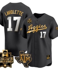 Jace Laviolette Jersey #17 Texas AM Aggies 2024 College World Series Vapor Premier Limited NCAA Baseball Stitched Black Gold