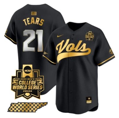 Kavares Tears Jersey #21 Tennessee Volunteers 2024 College World Series Vapor Premier Limited NCAA Baseball Stitched Black Gold 8 Kavares Tears Jersey #21 Tennessee Volunteers 2024 College World Series Vapor Premier Limited NCAA Baseball Stitched Black Gold