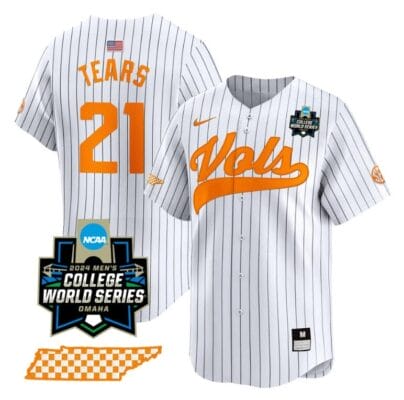 Kavares Tears Jersey #21 Tennessee Volunteers 2024 College World Series Vapor Premier Limited NCAA Baseball Stitched Pinstripe 