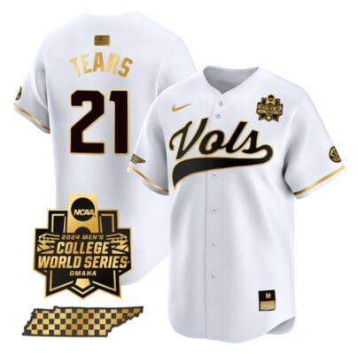 Kavares Tears Jersey #21 Tennessee Volunteers 2024 College World Series Vapor Premier Limited NCAA Baseball Stitched White Gold