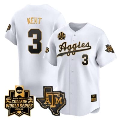 Kaeden Kent Jersey #3 Texas AM Aggies 2024 College World Series Vapor Premier Limited NCAA Baseball Stitched White Gold