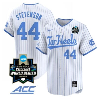Luke Stevenson Jersey #44 North Carolina Tar Heels 2024 College World Series Vapor Premier Limited NCAA Baseball Stitched White Pinstripe