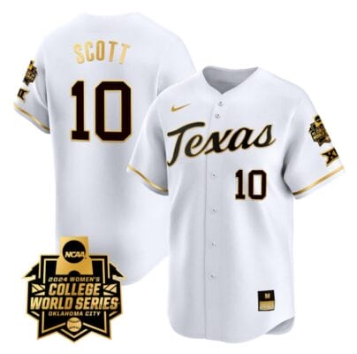 Mia Scott Jersey #10 Texas AM Aggies 2024 College World Series Patch Vapor Premier Limited NCAA Baseball Stitched White Gold