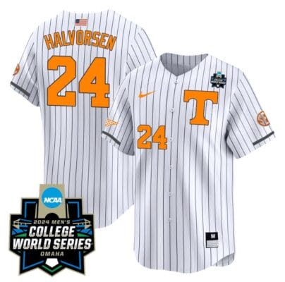 Seth Halvorsen Jersey #24 Tennessee Volunteers 2024 College World Series Patch Vapor Premier Limited NCAA Baseball Stitched Pinstripe 8 Seth Halvorsen Jersey #24 Tennessee Volunteers 2024 College World Series Patch Vapor Premier Limited NCAA Baseball Stitched Pinstripe