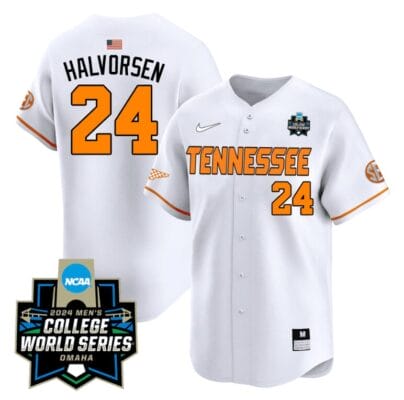 Seth Halvorsen Jersey #24 Tennessee Volunteers 2024 College World Series Patch Vapor Premier Limited NCAA Baseball Stitched White