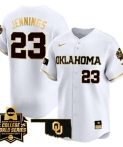 Tiare Jennings Jersey #23 Oklahoma Sooners 2024 College World Series Patch Vapor Premier Limited NCAA Baseball Stitched White Gold