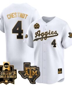 Travis Chestnut Jersey #4 Texas AM Aggies 2024 College World Series Vapor Premier Limited NCAA Baseball Stitched White Gold