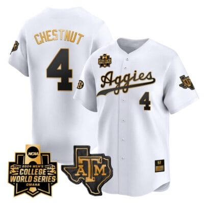 Travis Chestnut Jersey #4 Texas AM Aggies 2024 College World Series Vapor Premier Limited NCAA Baseball Stitched White Gold