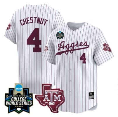 Travis Chestnut Jersey #4 Texas AM Aggies 2024 College World Series Vapor Premier Limited NCAA Baseball Stitched White Pinstripe 8 Travis Chestnut Jersey #4 Texas AM Aggies 2024 College World Series Vapor Premier Limited NCAA Baseball Stitched White Pinstripe