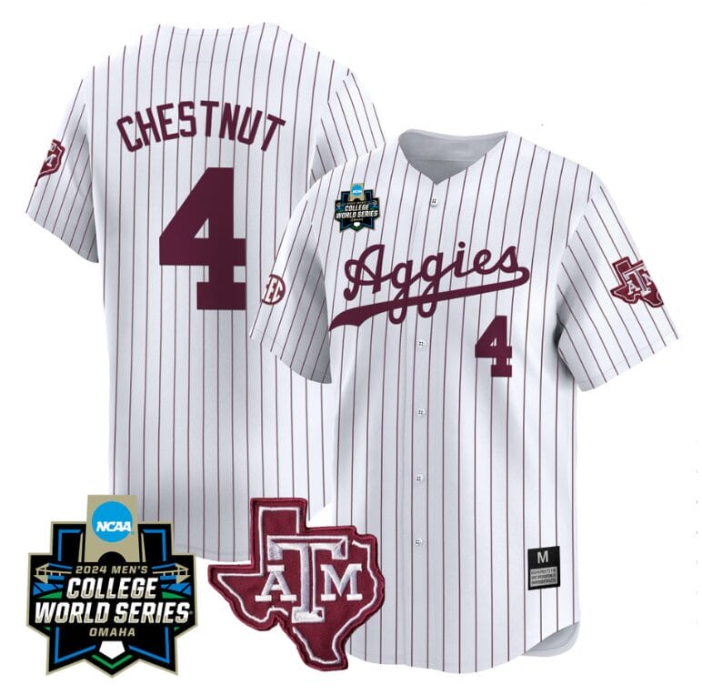 Travis Chestnut Jersey #4 Texas AM Aggies 2024 College World Series Vapor Premier Limited NCAA Baseball Stitched White Pinstripe 1 Travis Chestnut Jersey #4 Texas AM Aggies 2024 College World Series Vapor Premier Limited NCAA Baseball Stitched White Pinstripe